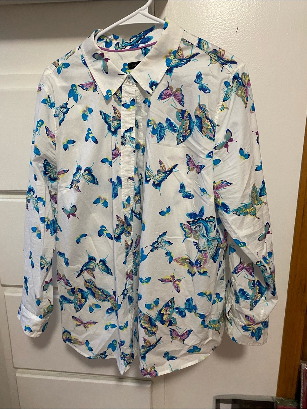 Talbots White Button-Down Shirt with Blue & Purple Butterfly Print